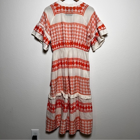 Pearl & Caviar Women Dress M/L Orange Tan Tiered Boho Short Sleeve Green Cottage - Picture 8 of 9